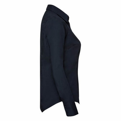 French Navy - Side - Russell Collection Ladies-Womens Long Sleeve Poly-Cotton Easy Care Fitted Poplin Shirt