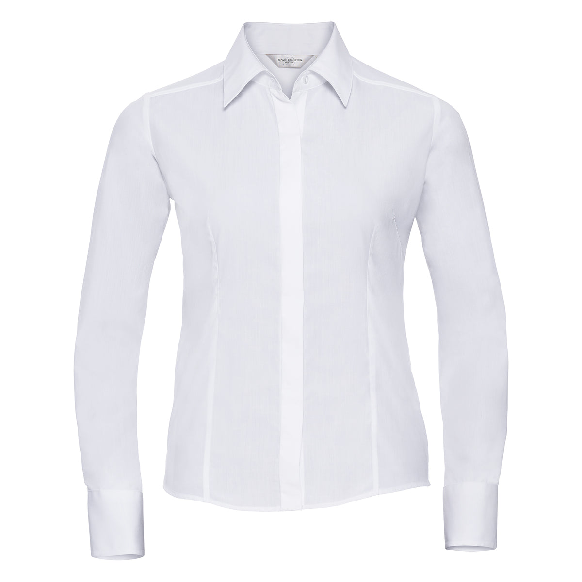 White - Front - Russell Collection Ladies-Womens Long Sleeve Poly-Cotton Easy Care Fitted Poplin Shirt
