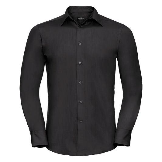 Black - Front - Russell Collection Mens Long Sleeve Poly-Cotton Easy Care Tailored Poplin Shirt