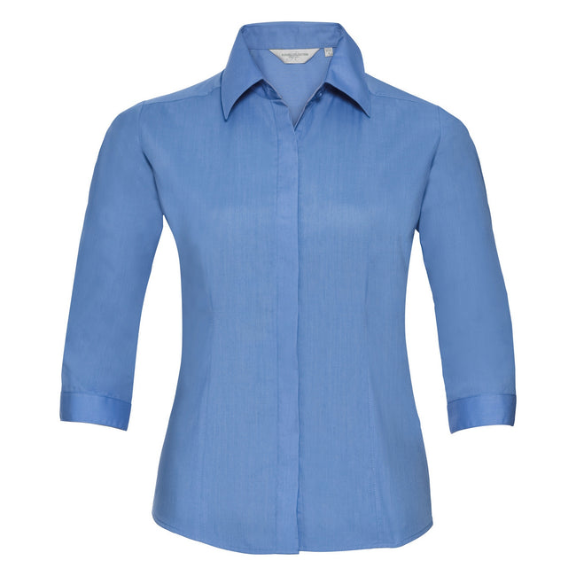 Corporate Blue - Front - Russell Collection Ladies 3-4 Sleeve Poly-Cotton Easy Care Fitted Poplin Shirt