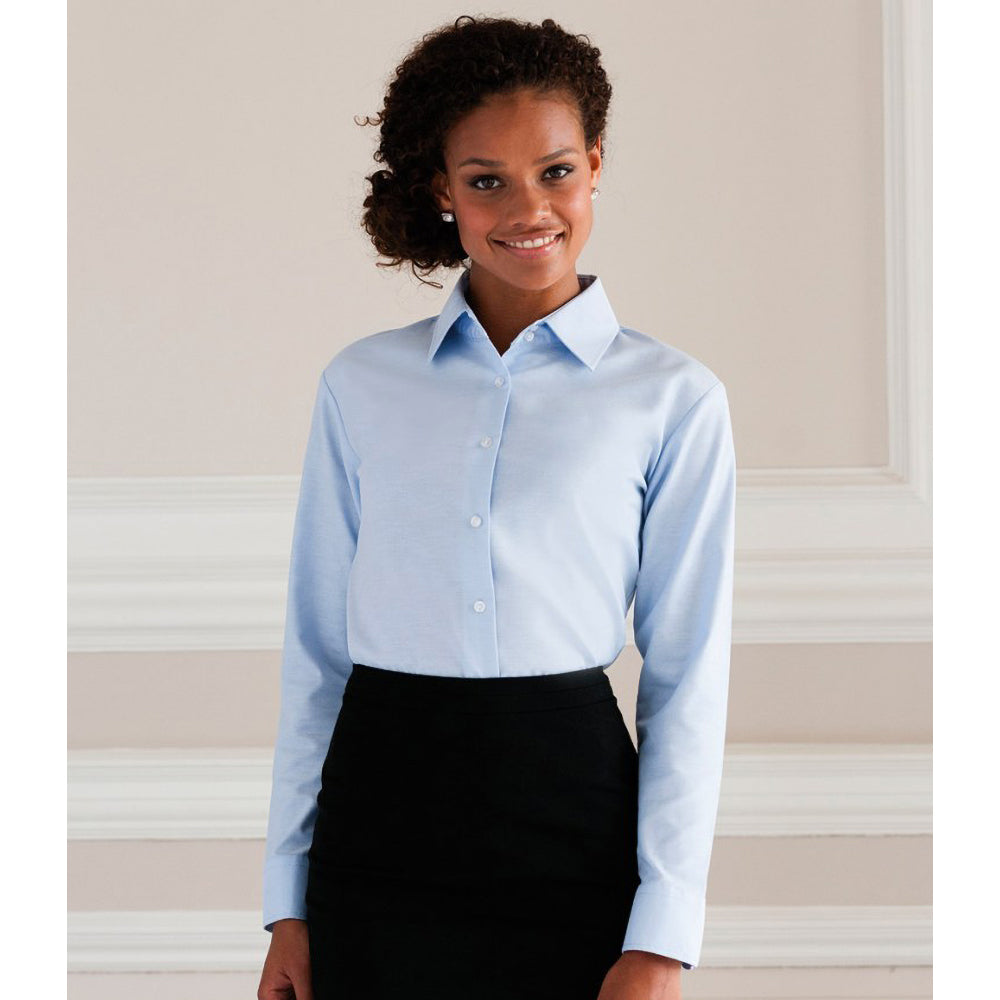 Oxford Blue - Close up - Russell Collection Ladies-Womens Long Sleeve Easy Care Oxford Shirt