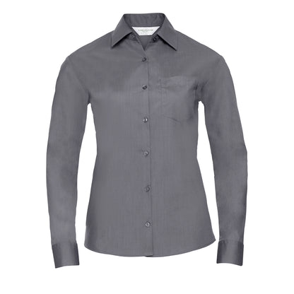Silver - Front - Russell Collection Ladies-Womens Long Sleeve Easy Care Oxford Shirt
