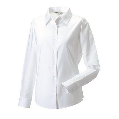 White - Side - Russell Collection Ladies-Womens Long Sleeve Easy Care Oxford Shirt