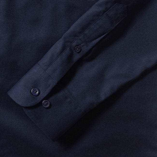 Bright Navy - Close up - Russell Collection Mens Long Sleeve Easy Care Oxford Shirt