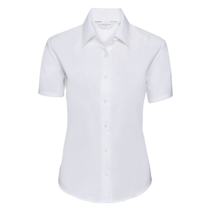 White - Front - Russell Collection Ladies-Womens Short Sleeve Easy Care Oxford Shirt