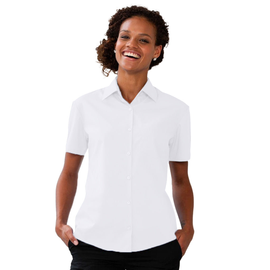 White - Lifestyle - Russell Collection Ladies-Womens Short Sleeve Poly-Cotton Easy Care Poplin Shirt
