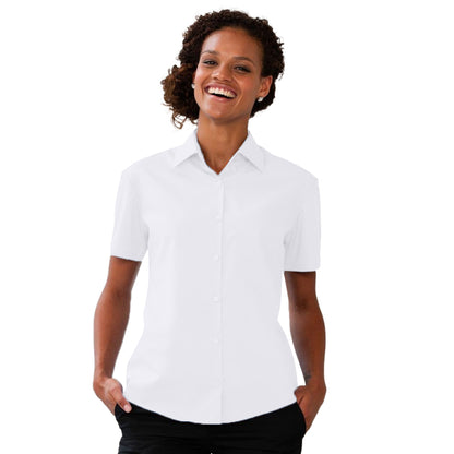 White - Lifestyle - Russell Collection Ladies-Womens Short Sleeve Poly-Cotton Easy Care Poplin Shirt
