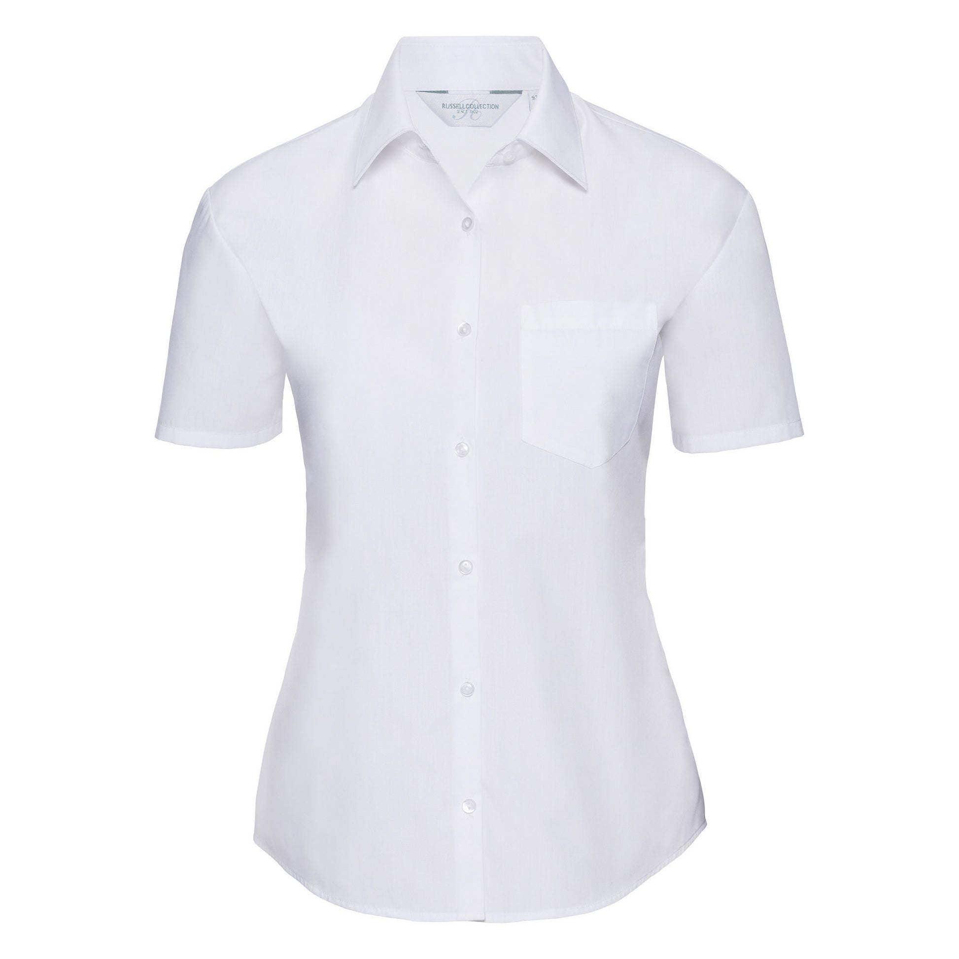 White - Front - Russell Collection Ladies-Womens Short Sleeve Poly-Cotton Easy Care Poplin Shirt