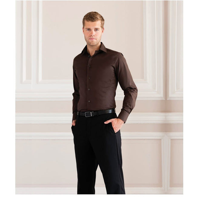 Chocolate - Pack Shot - Russell Collection Mens Long Sleeve Easy Care Fitted Shirt