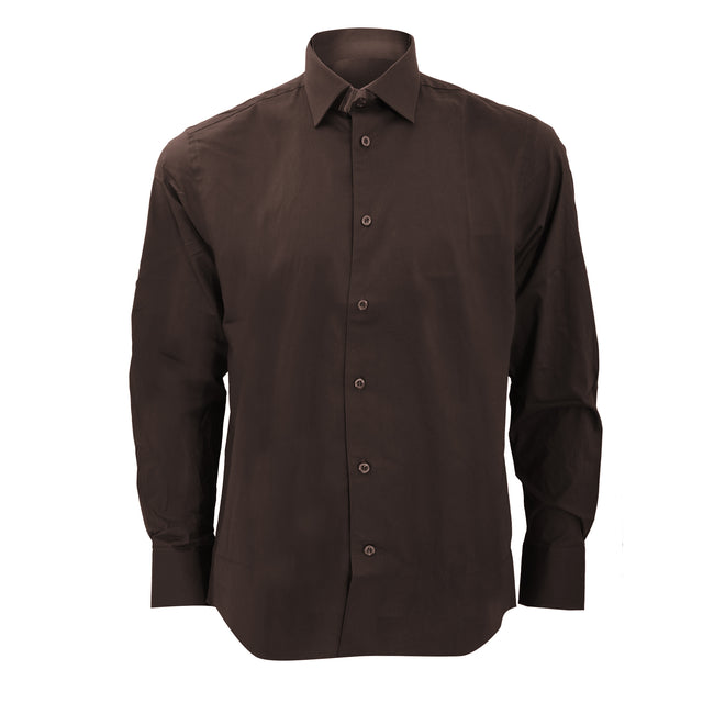 Chocolate - Front - Russell Collection Mens Long Sleeve Easy Care Fitted Shirt