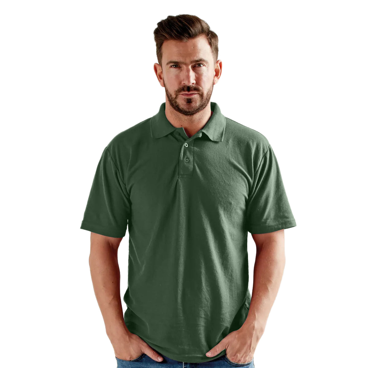 Bottle Green - Pack Shot - UCC 50-50 Mens Plain Pique Short Sleeve Polo Shirt