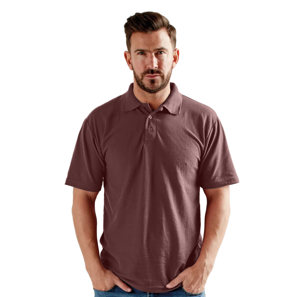 Burgundy - Pack Shot - UCC 50-50 Mens Plain Pique Short Sleeve Polo Shirt