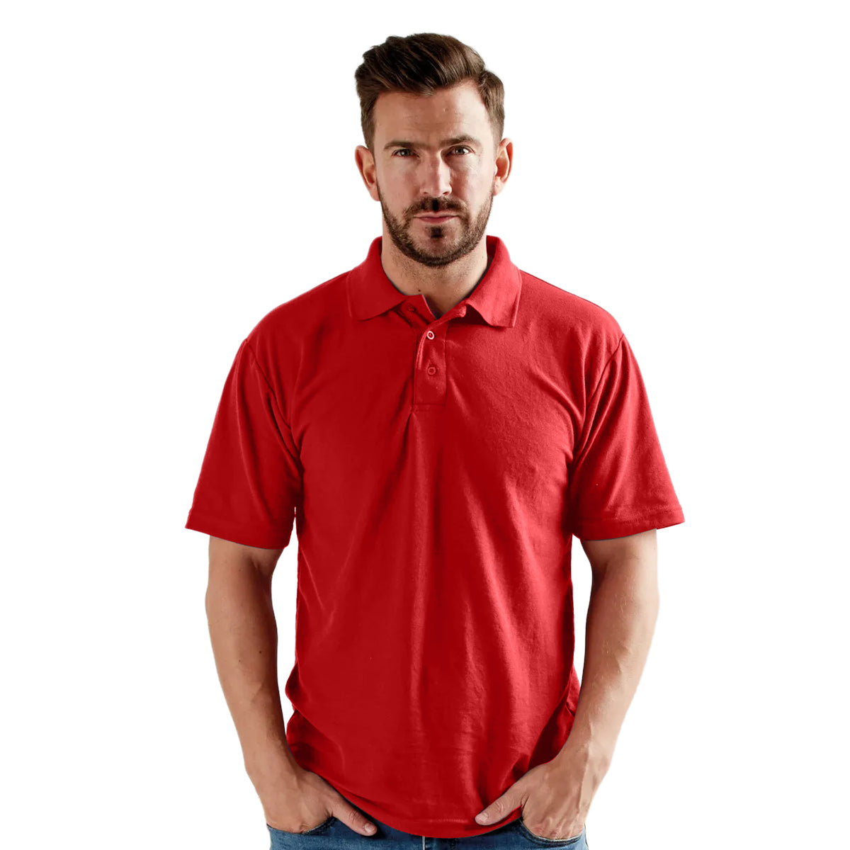 Red - Pack Shot - UCC 50-50 Mens Plain Pique Short Sleeve Polo Shirt
