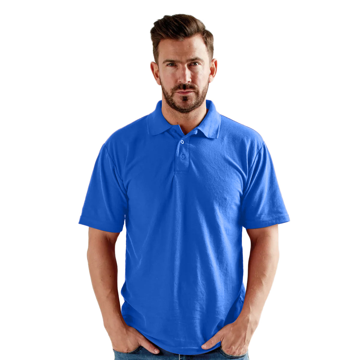 Royal - Pack Shot - UCC 50-50 Mens Plain Pique Short Sleeve Polo Shirt