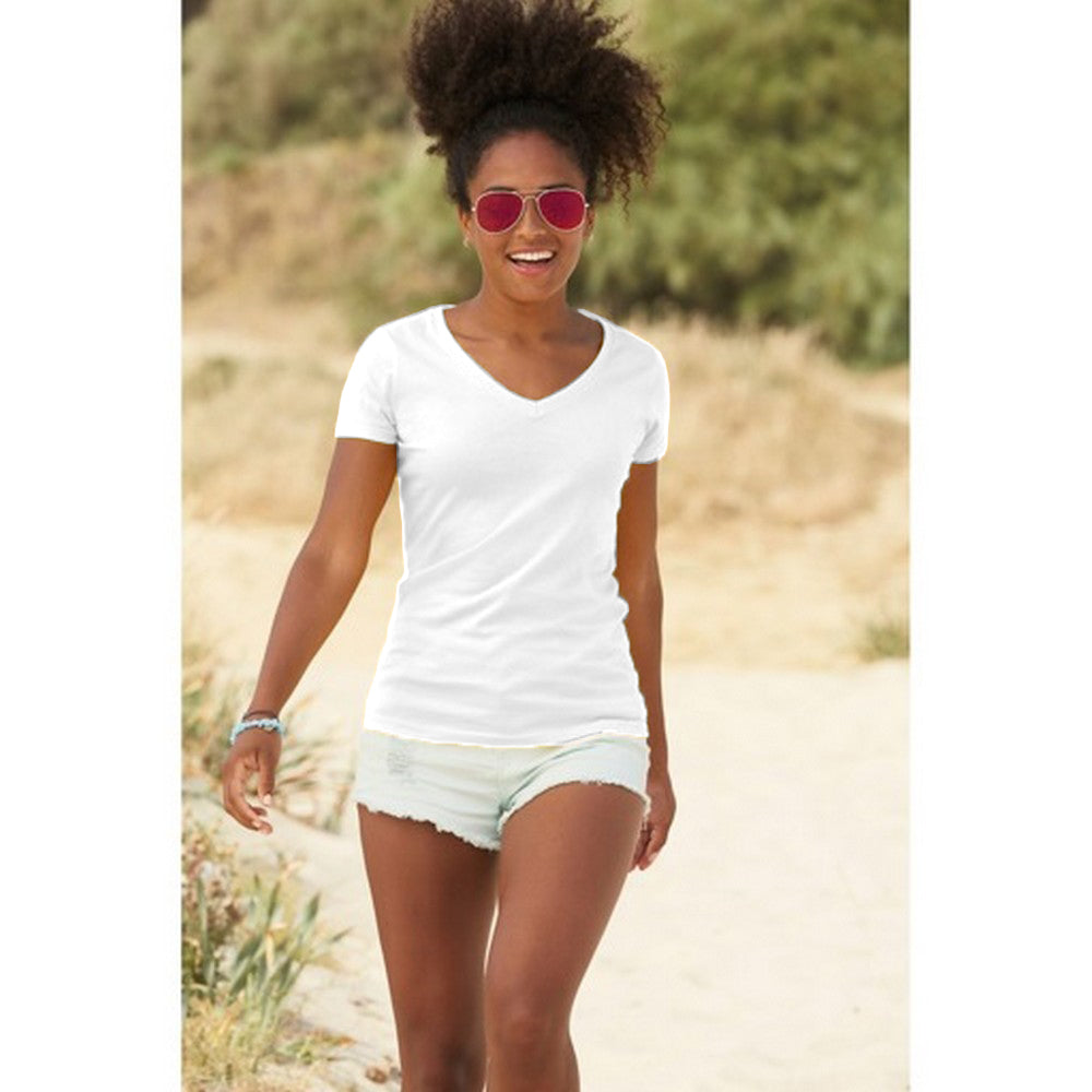 White - Side - Fruit Of The Loom Womens-Ladies Valueweight V Neck Lady Fit T-Shirt