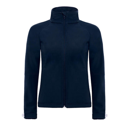 Navy Blue - Front - B&C Womens Hooded Premium Softshell Jacket (Windproof, Waterproof & Breathable)