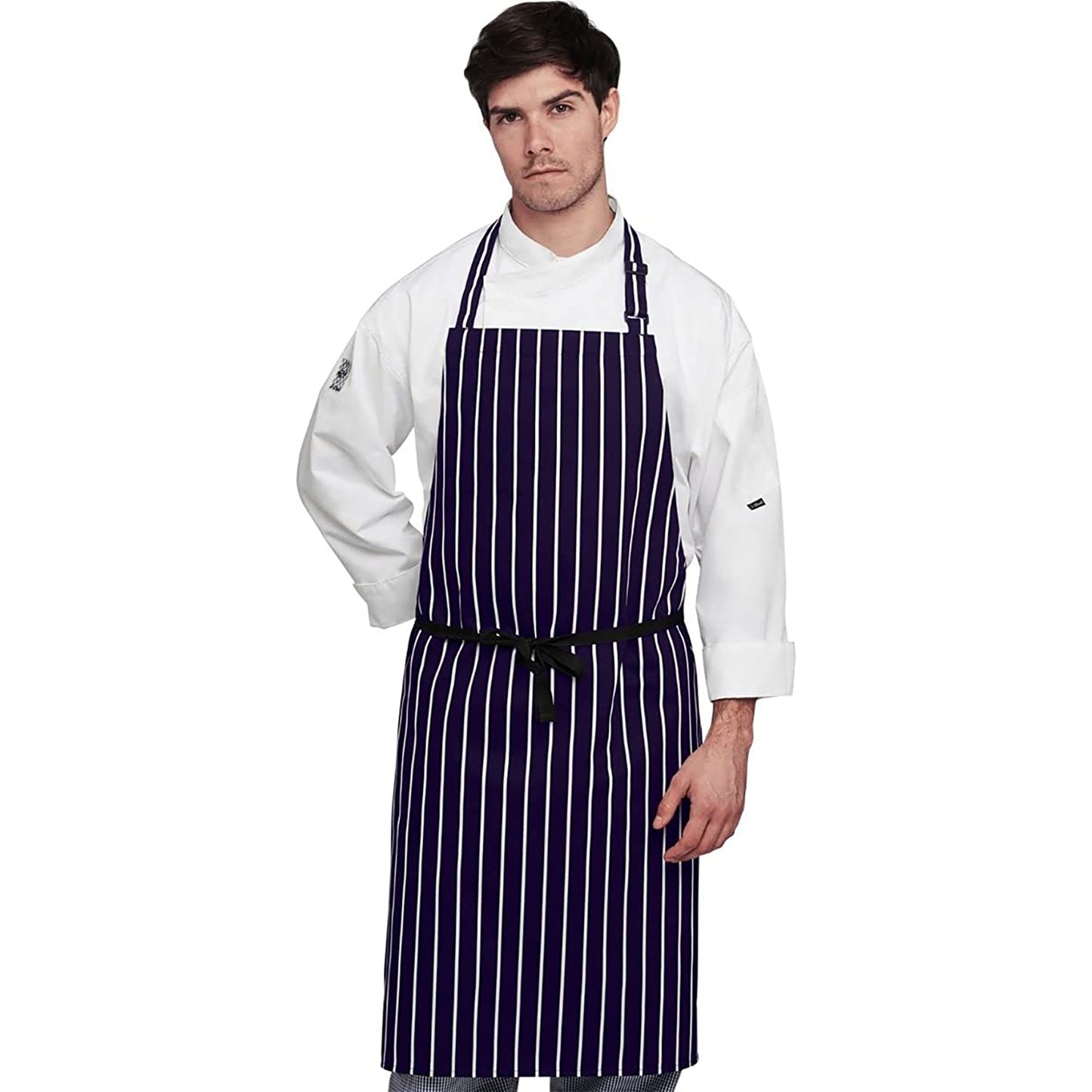 Black-White - Back - Dennys Unisex Cotton Striped Workwear Butchers Apron