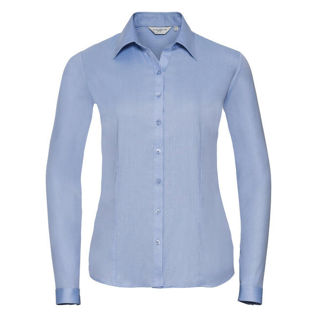 Light Blue - Front - Russell Ladies-Womens Herringbone Long Sleeve Work Shirt