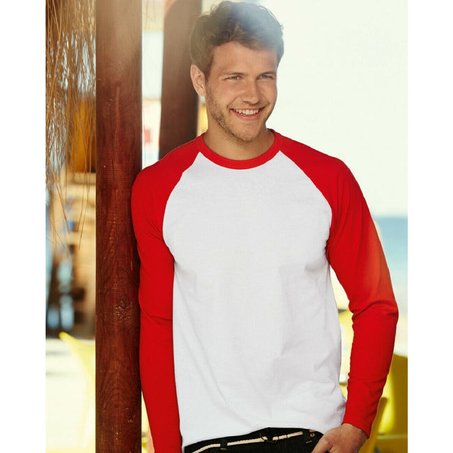 White-Red - Back - Fruit Of The Loom Mens Long Sleeve Baseball T-Shirt