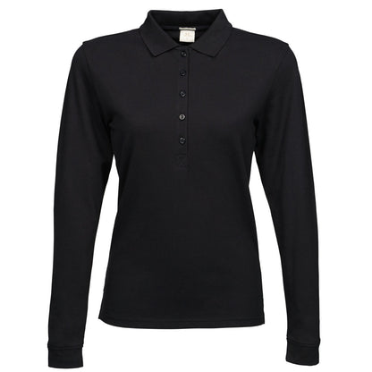 Black - Front - Tee Jays Womens-Ladies Luxury Stretch Long Sleeve Polo Shirt