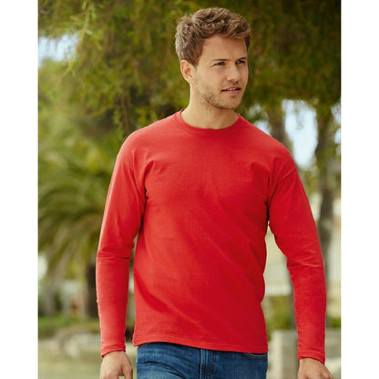 Red - Back - Fruit Of The Loom Mens Valueweight Crew Neck Long Sleeve T-Shirt