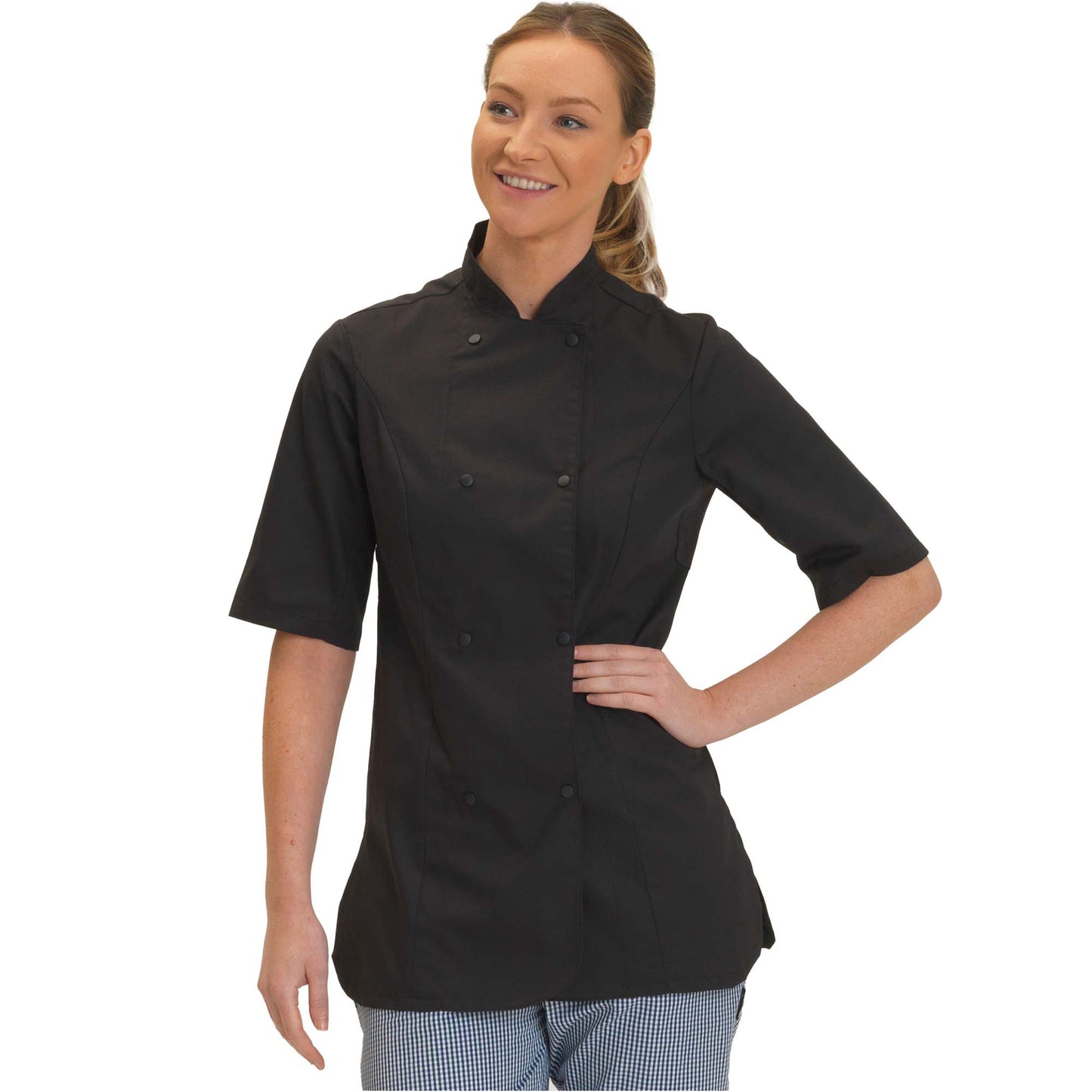 Black - Back - Dennys Womens-Ladies Short Sleeve Fitted Chef Jacket