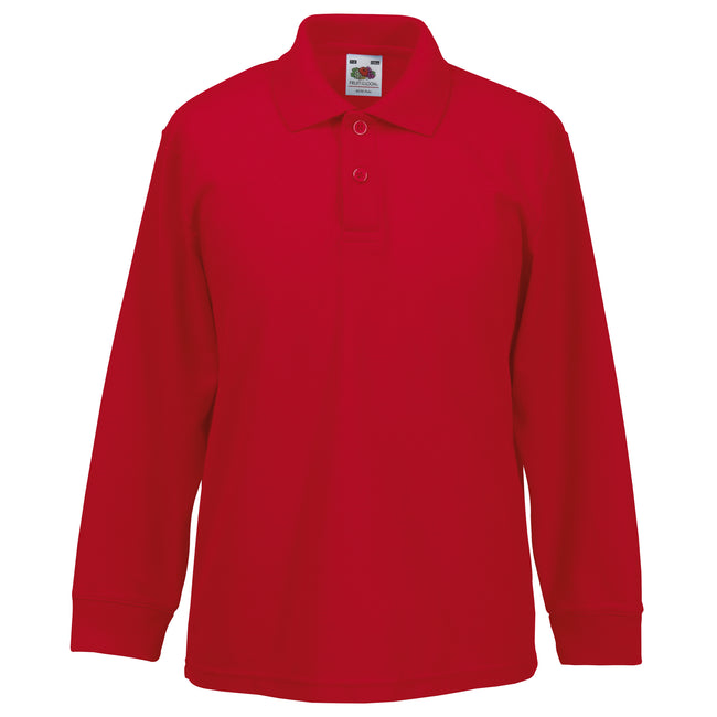 Red - Back - Fruit Of The Loom Childrens Long Sleeve 65-35 Pique Polo - Childrens Polo Shirts