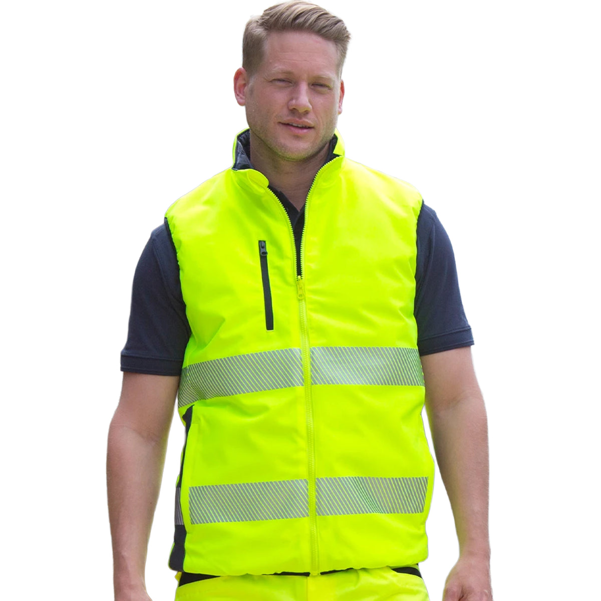 Fluorescent Yellow-Navy - Pack Shot - Result Safeguard Mens Reversible Soft Padded Safety Gilet
