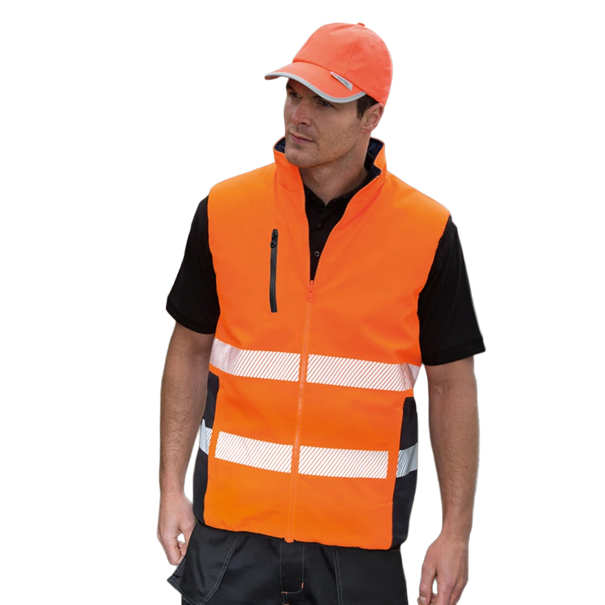Fluorescent Orange-Navy - Close up - Result Safeguard Mens Reversible Soft Padded Safety Gilet