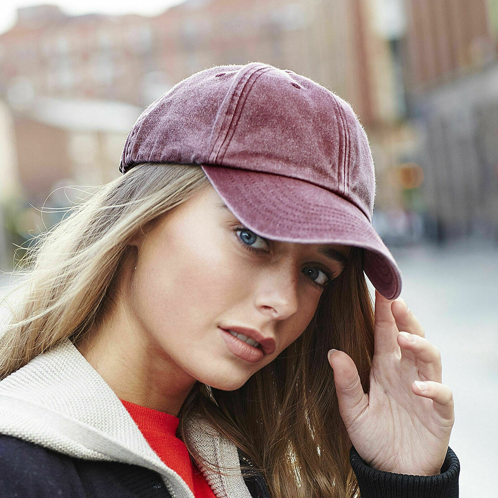 Vintage Red - Side - Beechfield Unisex Low Profile Vintage Denim-Look Cap (Pack of 2)