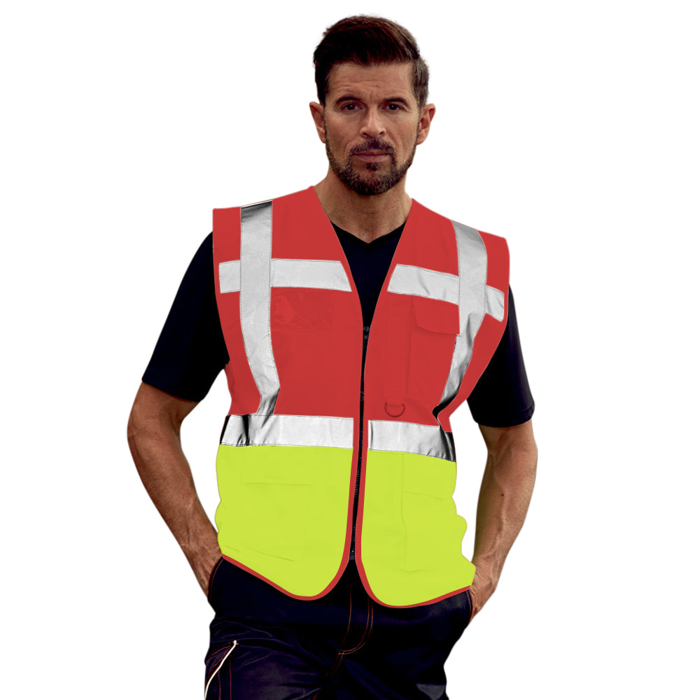 Red-Hi Vis Yellow - Back - Yoko Hi-Vis Premium Executive-Manager Waistcoat - Jacket (Pack of 2)