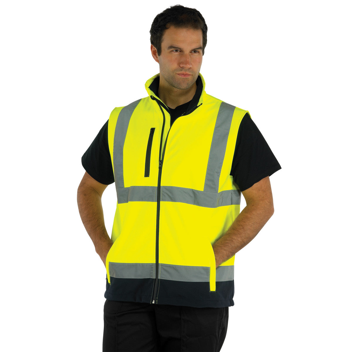 Hi-Vis Yellow-Navy - Back - Yoko Mens Hi Vis Softshell Bodywarmer - Workwear (Pack of 2)