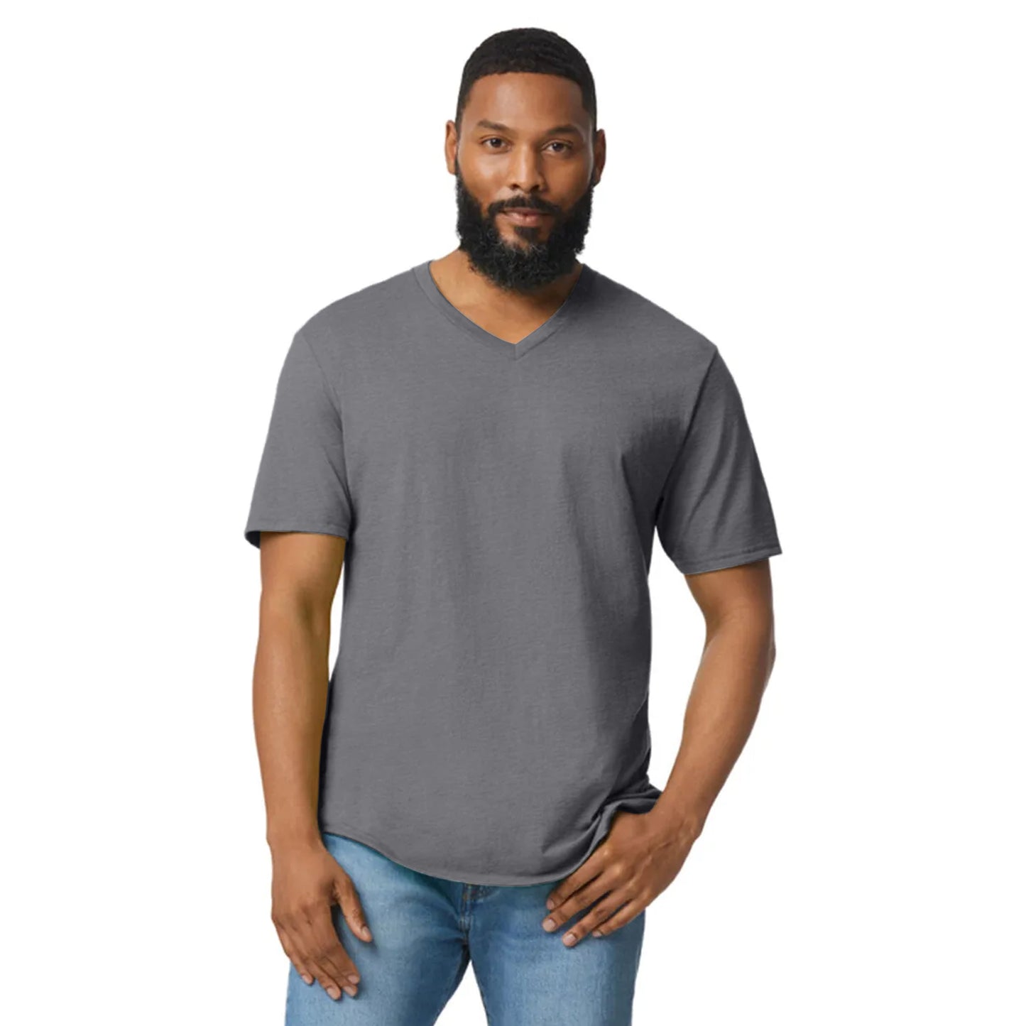 Sport Grey (RS) - Close up - Gildan Mens Soft Style V-Neck Short Sleeve T-Shirt