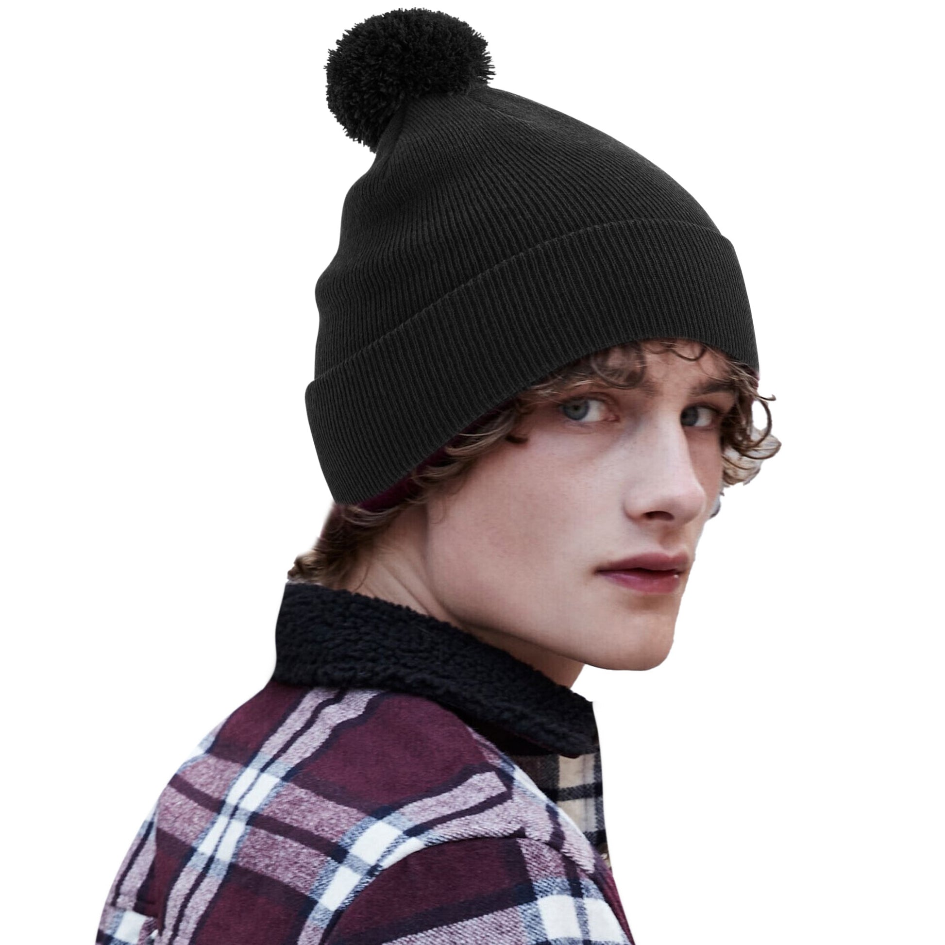Black - Back - Beechfield Childrens-Kids Original Pom Pom Beanie