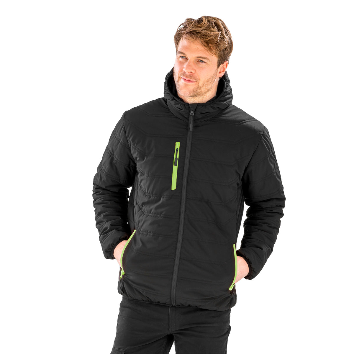 Black-Lime Green - Back - Result Genuine Recycled Mens Compass Padded Winter Jacket