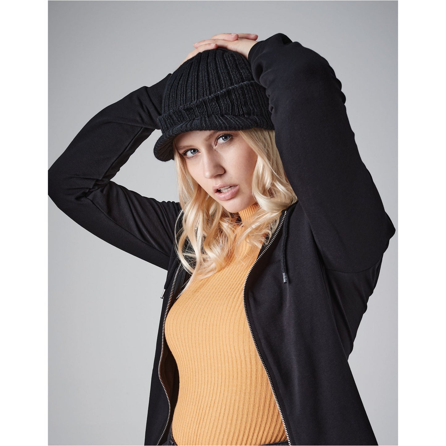 Black - Side - Beechfield Peaked Beanie