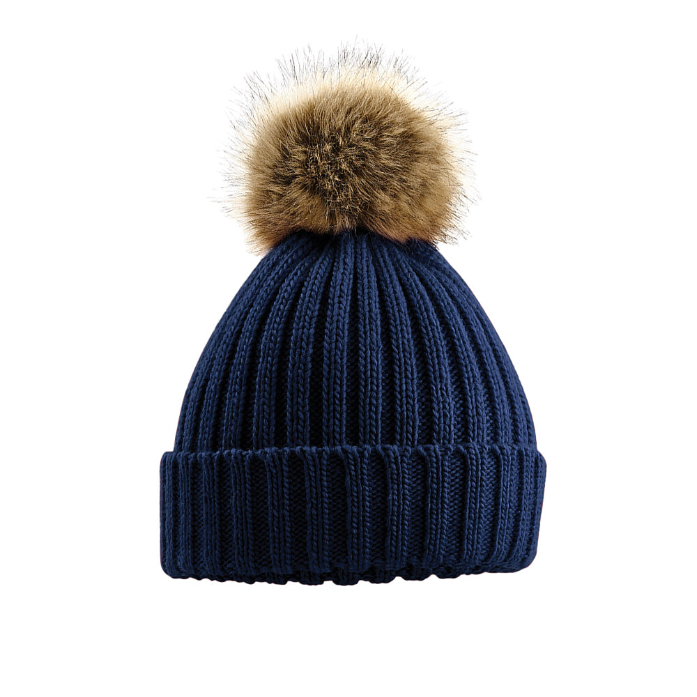 Navy Blue - Back - Beechfield Pom Pom Faux Fur Chunky Knit Beanie