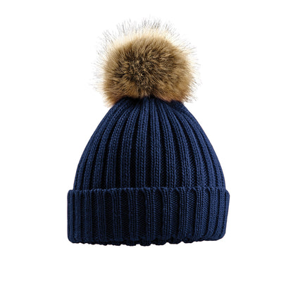 Navy Blue - Back - Beechfield Pom Pom Faux Fur Chunky Knit Beanie