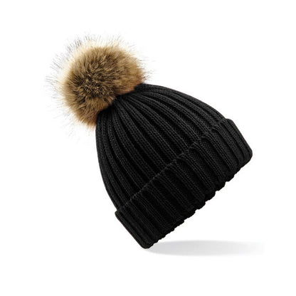 Black - Front - Beechfield Pom Pom Faux Fur Chunky Knit Beanie