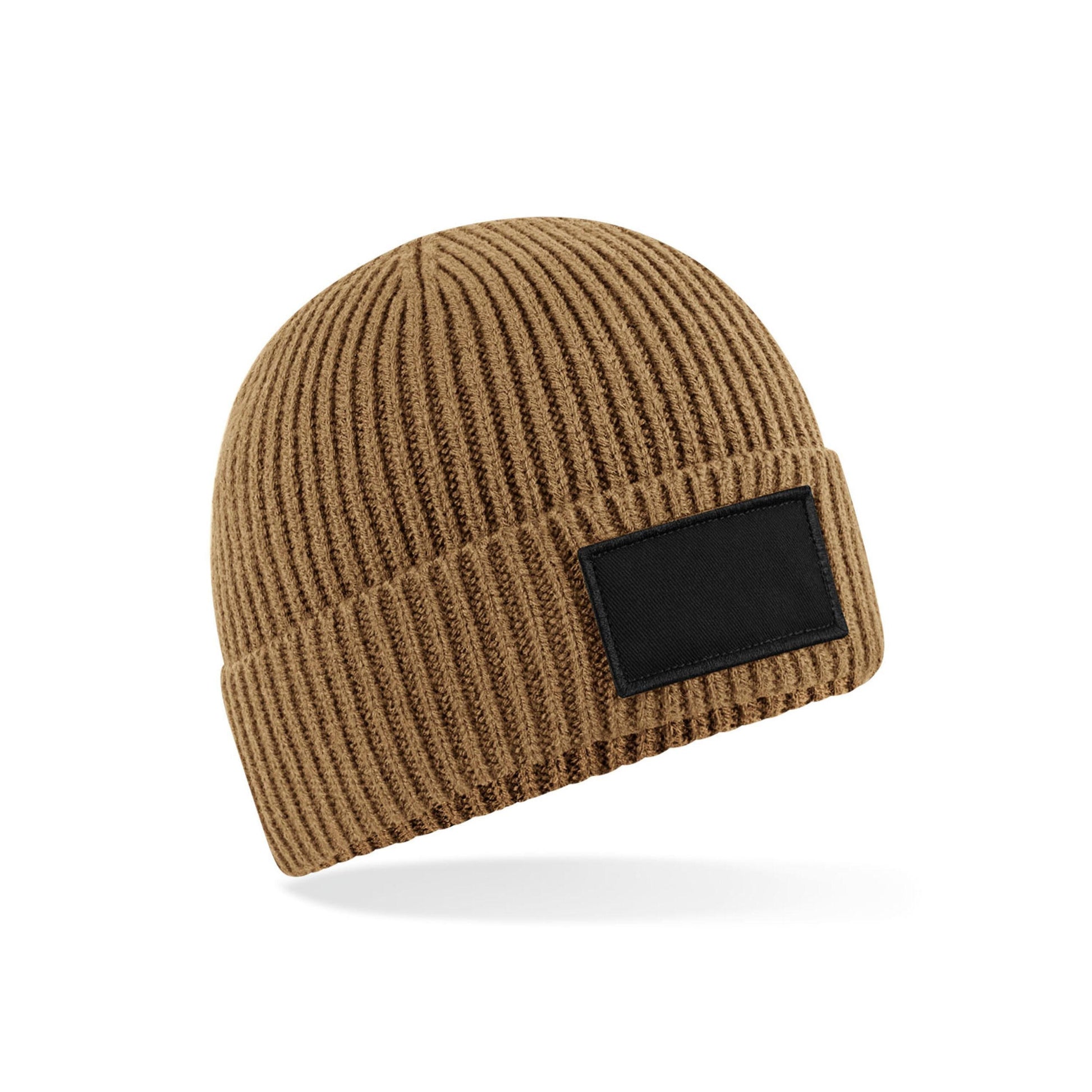 Biscuit-Black - Back - Beechfield Unisex Adult Patch Beanie