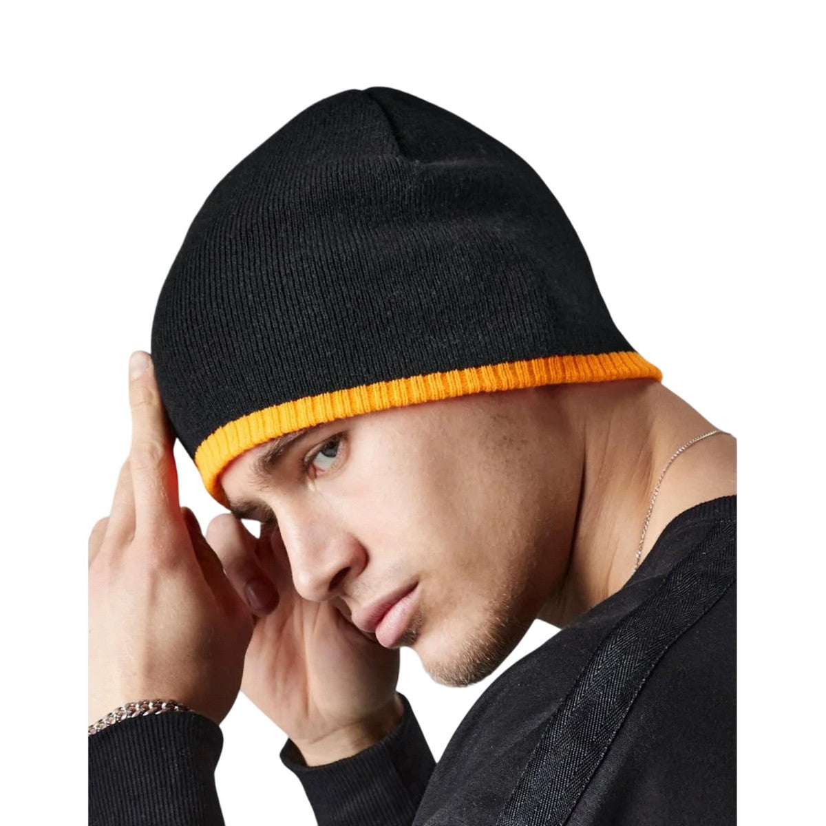 Black-Fluorescent Orange - Back - Beechfield Unisex Adult Two Tone Knitted Beanie