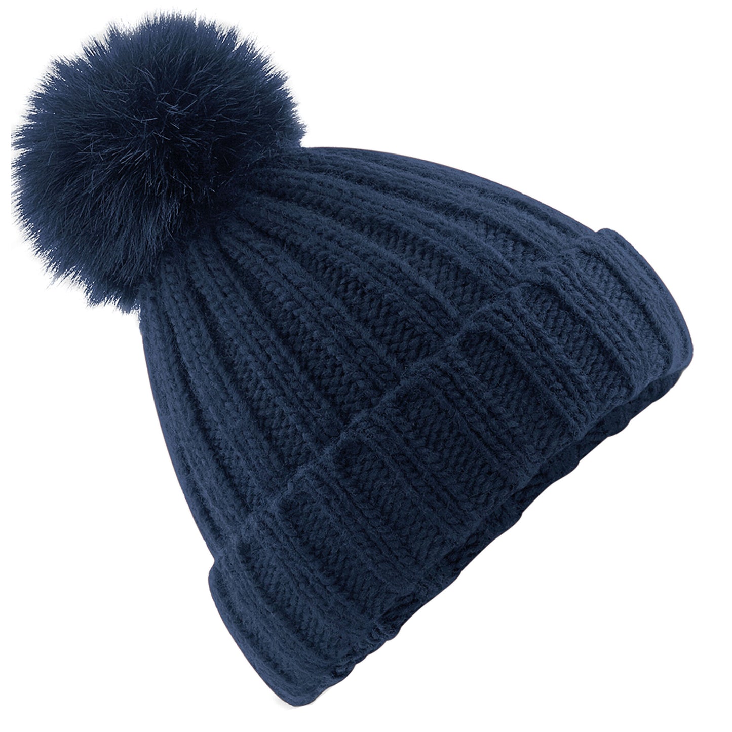 Navy Blue - Front - Beechfield Unisex Adult Verbier Faux Fur Pom Pom Beanie