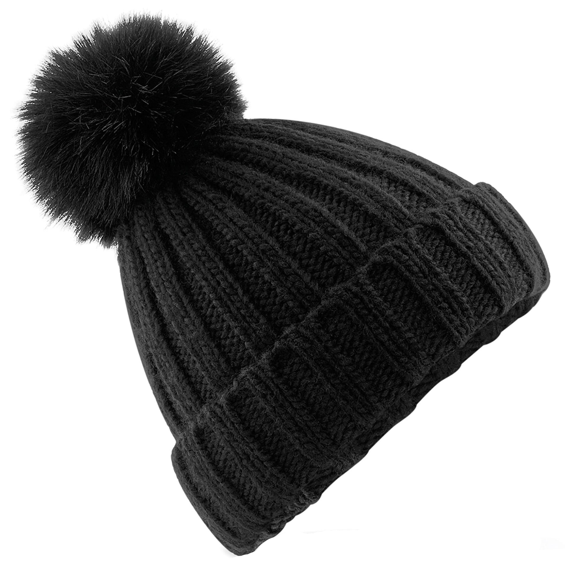 Black - Front - Beechfield Unisex Adult Verbier Faux Fur Pom Pom Beanie