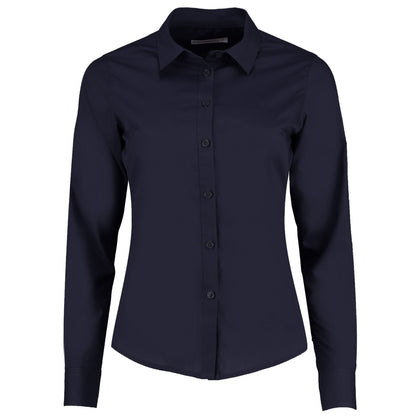 Dark Navy - Front - Kustom Kit Womens-Ladies Poplin Tailored Long-Sleeved Shirt