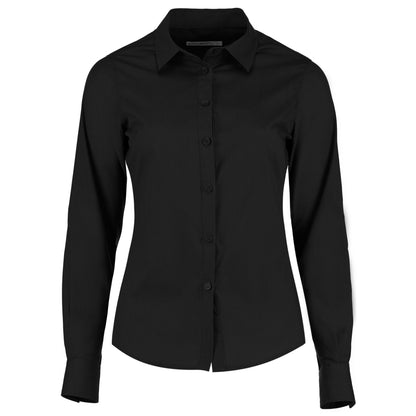 Black - Front - Kustom Kit Womens-Ladies Poplin Tailored Long-Sleeved Shirt