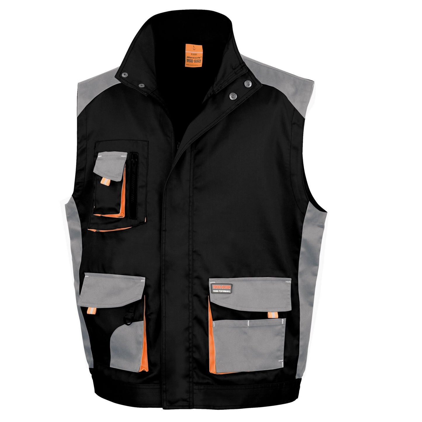 Black-Grey-Orange - Front - WORK-GUARD by Result Unisex Adult Lite Gilet