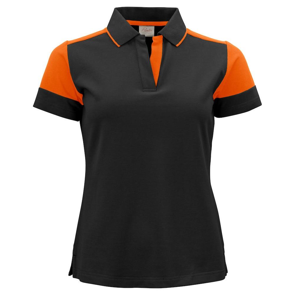 Black-Orange - Front - Printer PRIME Womens-Ladies Polo Shirt