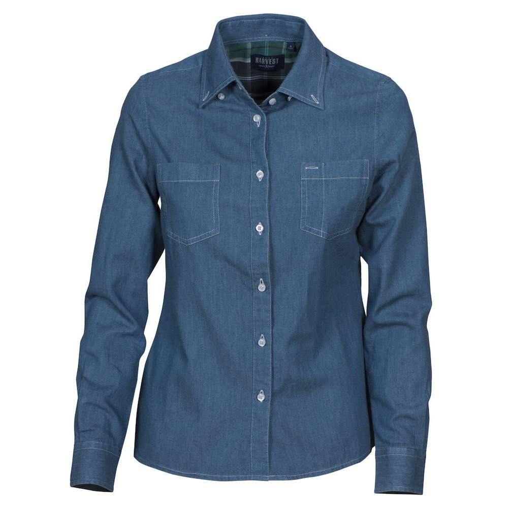 Blue - Front - James Harvest Womens-Ladies Jupiter Denim Look Shirt