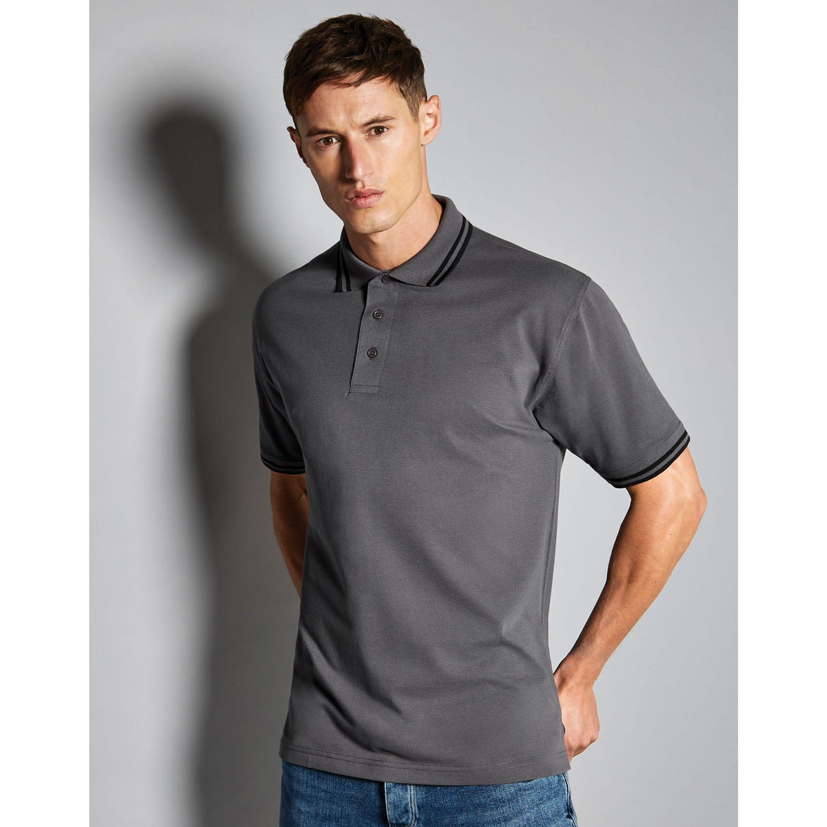 Charcoal-Black - Back - Kustom Kit Mens Tipped Piqué Short Sleeve Polo Shirt