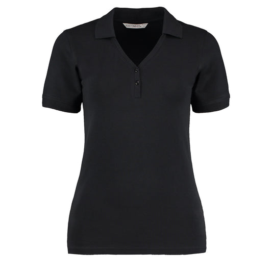 Black - Front - Kustom Kit Ladies Sophia Comfortec® V-Neck Short Sleeve Polo Shirt